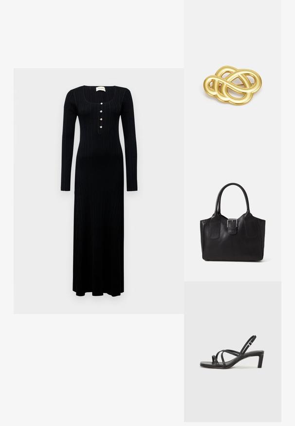 Čierne rebrované maxi šaty s dlhým rukávom a štvorcovým výstrihom, so šiestimi dekoratívnymi gombíkmi vpredu, s priliehavým strihom a hladkou textúrou.; Čierne sandále na vysokom podpätku so štvorcovou špičkou a nízkym blokovým podpätkom. Obsahujú viacero tenkých popruhov a nastaviteľný členkový popruh. Vyrobené z hladkej kože.; Čierna kožená taška s hladkou textúrou, štruktúrovaným tvarom, dvoma uchami a výrazným strieborným prackovým detailom na prednej strane.; Brošňa v zlatej farbe s uzlovým dizajnom, hladkými, zakrivenými líniami a zložitým tvarom, ktorá odráža leštený povrch.