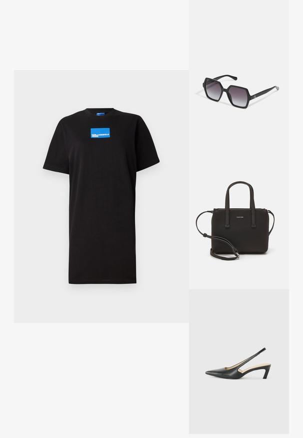 Čierne bavlnené tričko s voľným strihom, s krátkymi rukávmi a modrým obdĺžnikovým logom na prednej strane. Jednoduchý dizajn, bez vzorov alebo akcentov.; Čierne slingback topánky s ostrou špičkou a nízkym opätkom, vyrobené z hladkej kože a s výrezmi na boku pre lepšiu priedušnosť.; Čierne hexagonálne slnečné okuliare s gradientovými šošovkami, majú lesklý povrch a diskrétne logo na stranici. Vyrobené z odolného plastu.; Čierna kabelka s dvojitými krátkymi rúčkami a odnímateľným ramenným popruhom. Hladký materiál podobný koži s uzatváraním na zips a detailom loga.