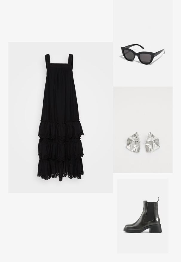 Crna, bez rukava haljina s kvadratnim izrezom, slojevima volana i čipkastim detaljima na donjem rubu. Mekana tekstura tkanine.; Crne kožne gležnjače s glatkom završnom obradom, elastičnim bočnim panelima i debelim potplatom. Imaju kuku za lakše obuvanje.; Crne mačkaste sunčane naočale s mat završnom obradom, sivo obojeni leće, oštri kutovi i elegantne bočne ručke. Ime brenda vidljivo na unutrašnjoj strani ručke.; Srebrne metalne naušnice s valovitim, skulpturalnim dizajnom, naglašenim sjajnom završnom obradom i nepravilnim oblicima, što ističe suvremeni estetski izraz.