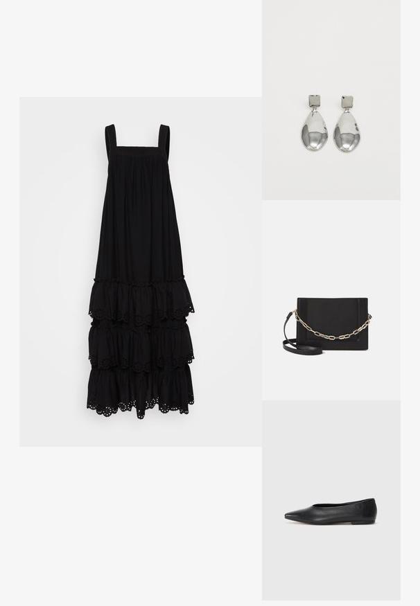 Vestido preto, sem mangas, com decote quadrado, camadas de babados e detalhes em ilhós na bainha inferior. Textura de tecido suave.; Bailarina de couro preto, bico fino, design minimalista, textura suave, salto baixo, sem hardware ou embelezamentos visíveis.; Bolsa crossbody de couro preto com uma textura suave, forma retangular e um detalhe em corrente metálica na frente. Inclui uma alça ajustável.; Brincos de gota em prata com um pino quadrado, apresentando um acabamento liso e polido e uma forma de gota, refletindo a luz com uma superfície brilhante.