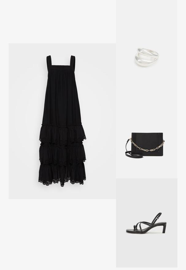 Crna, bez rukava haljina s kvadratnim izrezom, slojevima volana i čipkastim detaljima na donjem rubu. Mekana tekstura tkanine.; Crne sandale s trakama, kvadratnim prstom i niskom blok petom. Ima više tankih trakica i podesivu trakicu oko gležnja. Izrađene su od glatke kože.; Crna kožna torba preko tijela s glatkom teksturom, pravokutnim oblikom i metalnim lancem na prednjoj strani. Uključena je podesiva naramenica.; Srebrna dvostruka prsten s glatkom, poliranom površinom. Karakterizira ga fluidan, zakrivljen dizajn s preklapajućim sekcijama za moderan izgled.