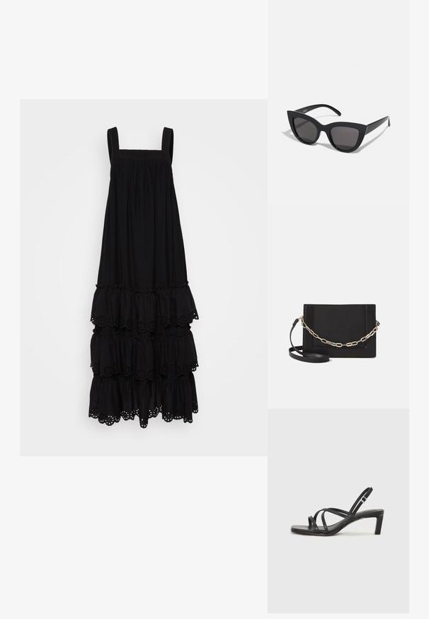 Musta, hihaton mekko, jossa on neliön muotoinen kaula-aukko, kerroksellisia röyhelöitä ja silmukkakoristeita alahelmassa. Pehmeä kankaan rakenne.; Mustat hihnalligat, joissa on neliön muotoinen kärki ja matala lohkokorko. Ominaisuuksiin kuuluu useita ohuita hihnoja ja säädettävä nilkkahihna. Valmistettu sileästä nahasta.; Mustat kissansilmäaurinkolasit, joissa on matta pinta, harmaansiniset linssit, terävät kulmat ja tyylikkäät sivuvarret. Brändin nimi näkyy sisävarsissa.; Musta nahkainen olkalaukku, jossa on sileä pinta, suorakulmainen muoto ja metalliketju yksityiskohtana edessä. Mukana säädettävä hihna.