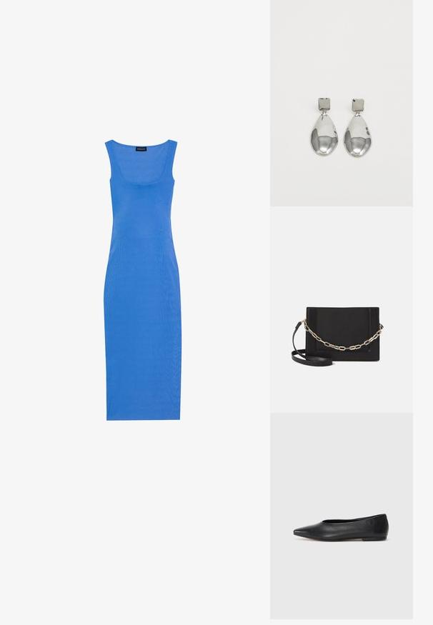 Sinine, ribaga midi kleit, millel on samakujuline siluett, ruudukujuline kaelus ja laiad õlavarrerihmad. Valmistatud pehmest ja elastsetest materjalidest.; Musthave mustris balletkingad, terav nina, minimaliseeritud disain, sile pind, madal konts, ilma nähtava riistvara või kaunistusteta.; Mustast nahast õlakott, mis omab siledat tekstuuri, ristküliku kuju ning esiküljel metallketi detaili. Reguleeritav rihm on kaasas.; Hõbedased ripatsid, millel on ruudukujuline studs, siledat ja poleeritud viimistlust ning pisarakuju, peegeldades valgust läikiva pinnaga.