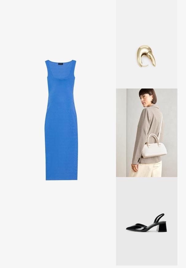 Blaues, geripptes Midikleid mit taillierter Silhouette, quadratischem Halsausschnitt und breiten Schulterträgern. Hergestellt aus einem weichen, dehnbaren Material.; Schwarze Lackleder-Slingback-High Heels mit spitzem Schuh und einem geometrischen Blockabsatz. Verfügt über ein schlankes, minimalistisches Design und eine glatte Textur.; Weiße strukturierte Handtasche mit kurzen Griffen und einem Schultergurt, ausgestattet mit goldfarbenen Hardware-Elementen und strukturiertem Material, vor einem grauen Hintergrund präsentiert.; Ohrringe aus goldfarbenem Metall mit einem schlanken, geschwungenen Design. Sie verfügen über eine markante, spitze Form, eine polierte Oberfläche und einen Scharnierverschluss.
