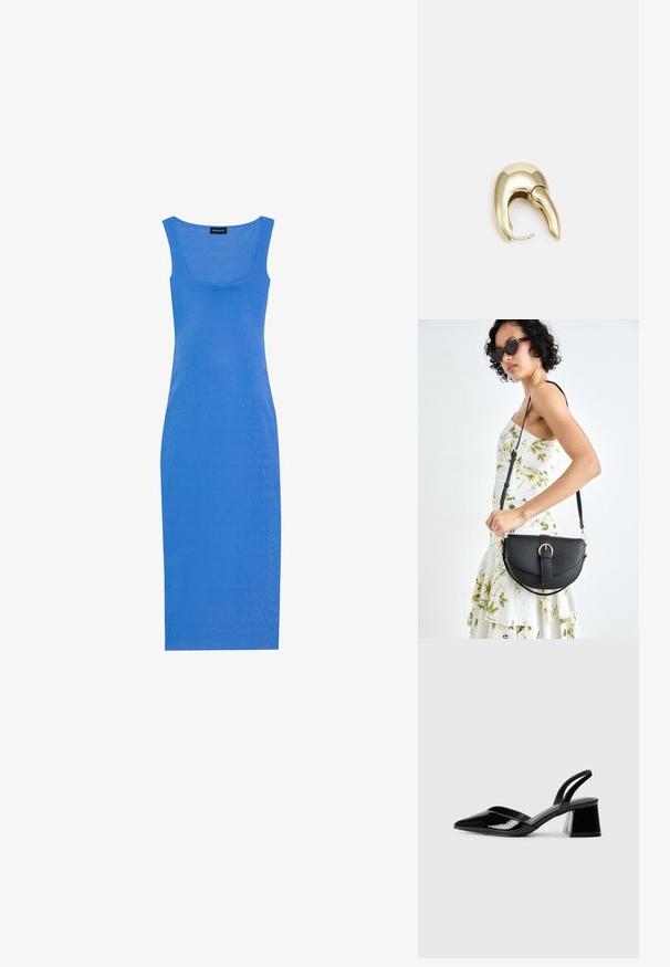 Blauwe, geribbelde midi-jurk met een aansluitende silhoeet, vierkante halslijn en brede schouderbanden. Gemaakt van een zachte, rekbare stof.; Zwarte gepatineerde leren slingback hakken met een spitse neus en een geometrische blokhak. Kenmerkt zich door een slank, minimalistisch ontwerp en een gladde textuur.; Zwarte leren handtas met een gebogen vorm, afneembare schouderband en gouden hardware. De tas heeft een klep met een gespsluiting.; Gouden metalen oorbel met een slank, gebogen ontwerp. Beschikt over een kenmerkende puntige vorm, gepolijste oppervlakte en scharnier sluiting.