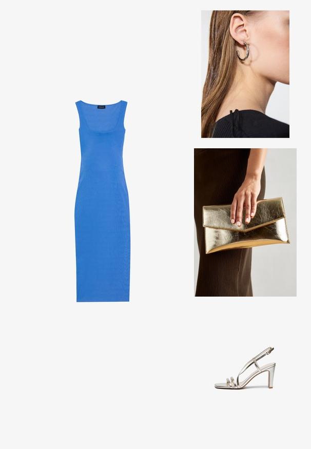 Sinine, ribaga midi kleit, millel on samakujuline siluett, ruudukujuline kaelus ja laiad õlavarrerihmad. Valmistatud pehmest ja elastsetest materjalidest.; Metallilise hõbedase värvi kõrge kontsaga sandaal avatud varbaga, millel on jalas kolm õhukest rihma ja pahkluuring koos kinnitusega.; Kuldne metallist käekott, millel on sile tekstuur ja kolmnurkne klapp. Kotti hoidev käsi on hoolikalt maniküüritud küüntega.; Hõbedane rõngas kõrvarõngas poleeritud viimistlusega, millel on väikesed kuldsed aktsendid ja ümmargune kuju, kantud lobus.