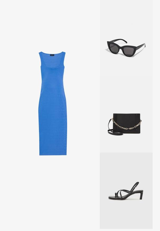 Blue, ribbed midi dress with a fitted silhouette, square neckline, and wide shoulder straps. Made from a soft, stretchy material.; Black strappy sandal with a square toe and a low block heel. Features multiple thin straps and an adjustable ankle strap. Made of smooth leather.; Black cat-eye sunglasses with a matte finish, featuring gray tinted lenses, sharp angles, and sleek side arms. Brand name visible on the inner arm.; Black leather crossbody bag featuring a smooth texture, rectangular shape, and a metallic chain detail on the front. Adjustable strap included.