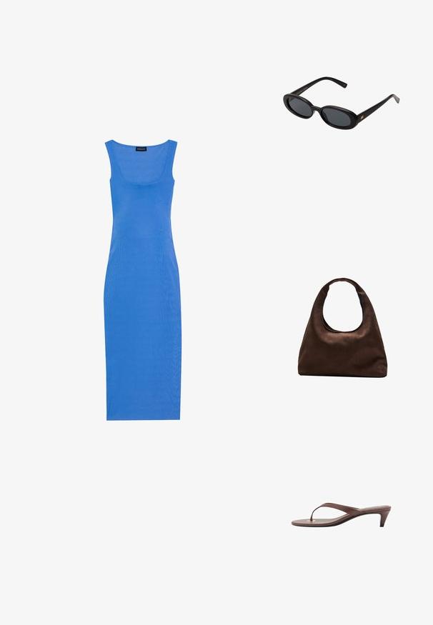 Abito midi blu a coste con silhouette aderente, scollatura quadrata e spalline larghe. Realizzato in un materiale morbido e elasticizzato.; Infradito con tacco marroni, dotati di una fascia sottile e un puntale arrotondato, con un piccolo dettaglio dorato sulla soletta.; Occhiali da sole neri oversize con lenti ovali, montatura in plastica liscia e accenti dorati sulle tempie. Le lenti scure offrono protezione dal sole.; Borsa hobo di un morbido marrone con una sola tracolla larga e un'apertura a manico curvo, esposta su uno sfondo bianco.