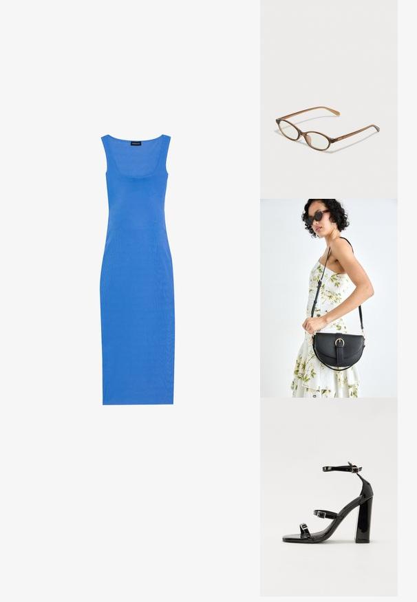 Modrá, vroubkovaná midi šaty s přiléhavým střihem, čtvercovým výstřihem a širokými ramínky. Vyrobeno z měkkého, elastického materiálu.; Černé lakované sandály na podpatku se čtveratou špičkou, lýtkovými pásky a stříbrnými přezkami. Disponují masivním blokovým podpatkem pro stabilitu.; Hnědé želvovinové brýle s oválnými skly, tenkými bočními nohami a průhlednými akcenty. Obsahují decentní logo na stranu. Elegantní, lehký design.; Černá kožená kabelka s křivkovým tvarem, odnímatelným popruhem a zlatými detaily. Kabelka má klopu s přezkou.