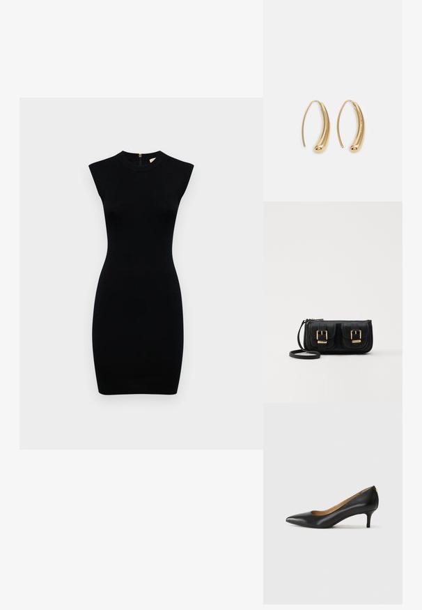 Juodas be rankovių suknelė su aukštu iškirpimu, prigludusios siluetas ir lygus audinys; turi užtrauktuką gale, skirtą uždarymui.; Juodos odinės aukštakulnės bateliai su smailiu nosiu, žemu kulnu ir lygiu paviršiumi. Priekyje yra nedidelis atvirumas, o gale minimalus apdaila.; Juodas odinis per petį nešiojamas krepšys su dviem priekiniais kišenėmis, auksiniais sagtimis, užtrauktuko uždarymu ir siauromis petnešomis. Textūruota paviršius ir kompaktiškas stačiakampis formatas.; Auksinės metalinės auskarų kabės su lenktą, pailgą forma. Turi lygų, blizgantį paviršių ir užapvalintą galiuką papildomam akcentui.