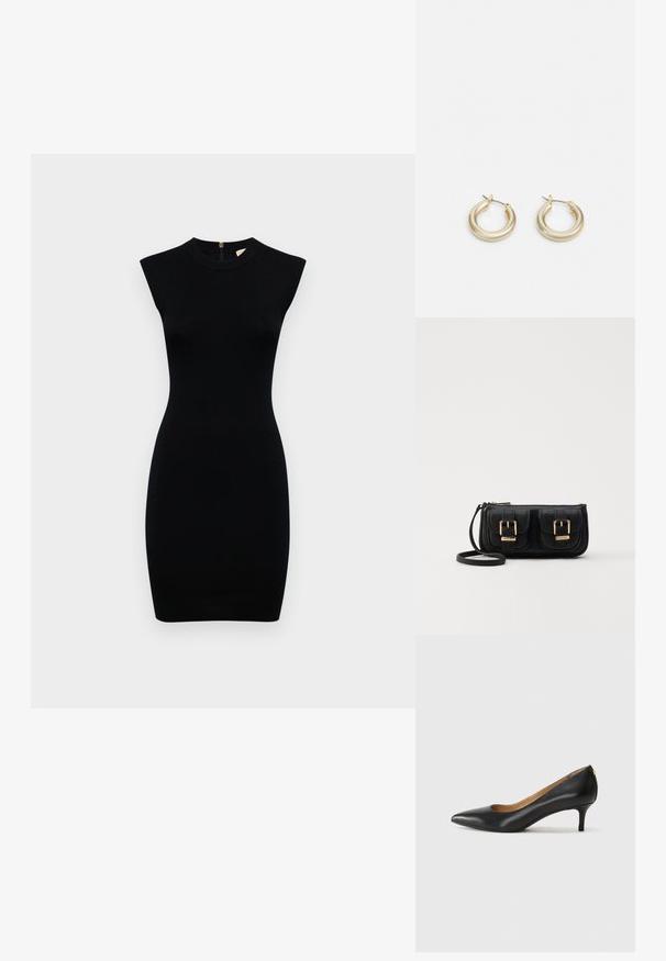 Crna haljina bez rukava s visokim izrezom, uskim oblikom i glatkom teksturom; sadrži zatvarač na leđima.; Crne kožne cipele s uskim vrhom, niskom petom i glatkom teksturom. Imaju blago otvaranje sprijeda i minimalne metalne detalje straga.; Crna kožna torba preko ramena s dva prednja džepa, zlatnim kopčama, zatvaranjem na zip i uskim remenom. Teksturirana površina i kompaktan pravokutan oblik.; Lauren Ralph Lauren BASIC SMALL HOOP - Naušnice - gold-coloured