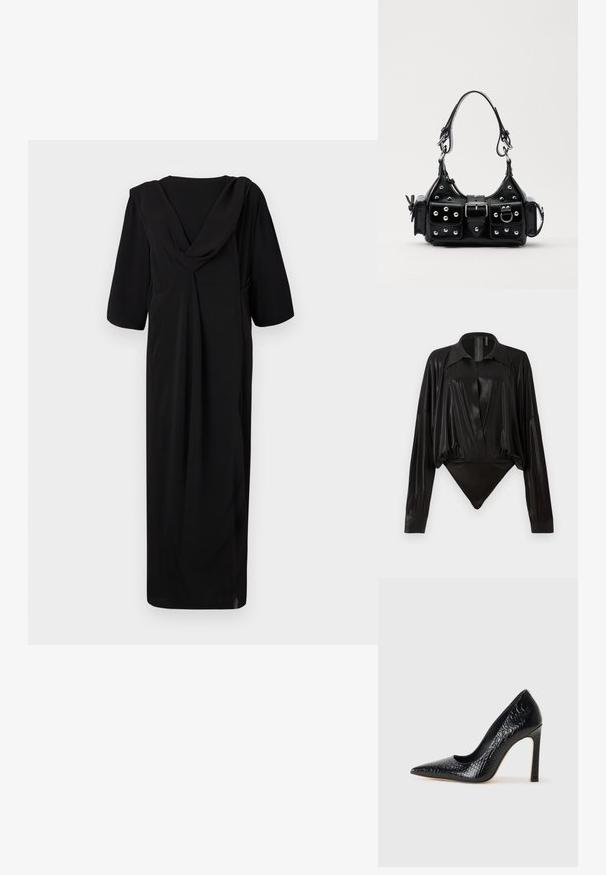 Melnas, ceļa garuma kleitas ar drapēta aizmugure, īsām piedurknēm un brīvu piegriezumu. Izgatavota no gludas auduma, ar smalkām šuvju detaļām.; Melnā bodijakā ar garām piedurknēm, V-veida kaklu un pieguļošu siluetu. Izgatavots no spīdīga, gluda auduma ar strukturētu apkakli un aprocēm.; Melni augstpapēžu apavi ar norādītu purngalu, ar krokodila ādas tekstūru, izceļoties ar elegantu dizainu, augstu stiletto papēdi un gludu melnu interjeru.; Melnas ādas rokturmais ar izliekumu, ar sudraba iedurtiem, sprādzi un divām sānu kabatām. Regulējams siksniņas garums dažādām nēsāšanas iespējām.