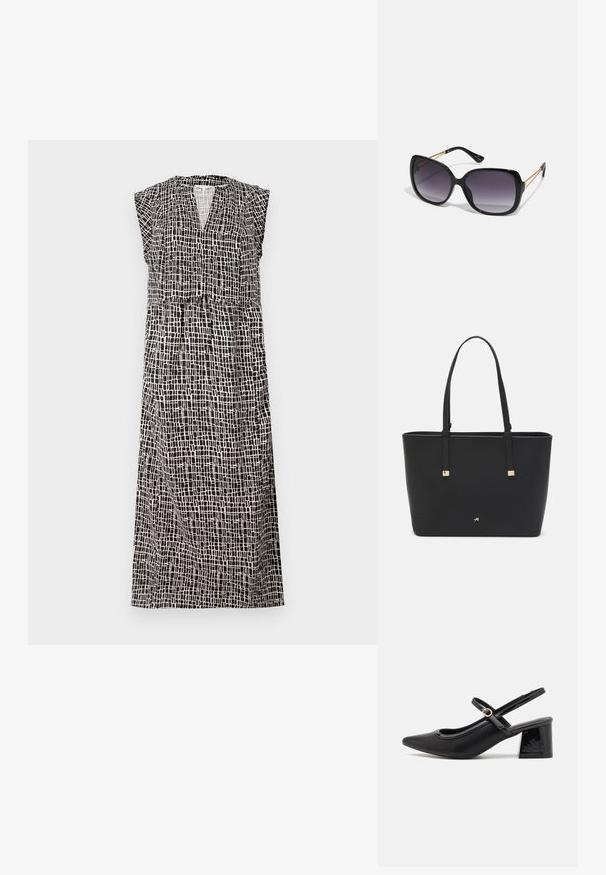 Bezrukávové černo-bílé šaty se vzorem mřížky, s výstřihem do V a nabíraným pasem, vyrobené z lehké tkaniny, s délkou po kotníky.; Černé lakované lodičky s otevřenou patou, špičatou špičkou, zaobleným střihem a blokovým podpatkem. Zdobené akcentem v zlatém tónu.; Černé oversized sluneční brýle se gradientními skly, silnými rámy a zlatými řetízkovými detaily na nožičkách.; Černá taška přes rameno vyrobená z umělého materiálu, s jednoduchým obdélníkovým designem, zlatými čtvercovými akcenty a dvojitými uchy.