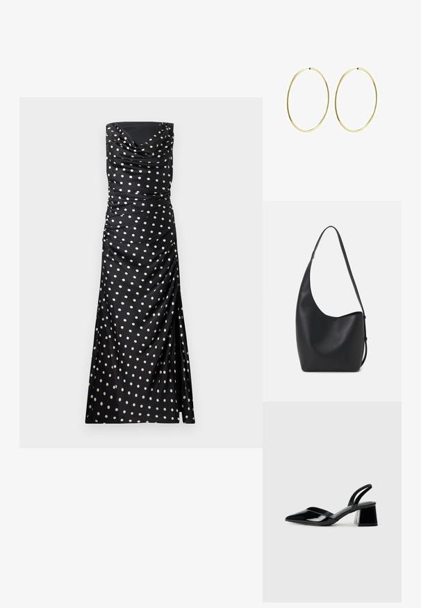 Melna, bezpiedurkņu vakara kleita ar krēmkrāsas punktiņiem, ar drapētiem audumiem, rūtiņu detaļām un pieguļošu, plūstošu siluetu.; Melna lakota āda ar atvērto papēdi, ar smailu purngalu un ģeometrisku blokpapēdi. Iezīmējas elegants, minimāls dizains un gluda tekstūra.; Melnas ādas hobo soma ar gludu tekstūru, izliekta forma un vienu regulējamu jostu; augšā ir plaša atvere.; Zelta riņķa auskari ar gludu, noapaļu dizainu. Plāni un viegli, ar nepārtrauktu cilpu bez jebkādām rotājumām.