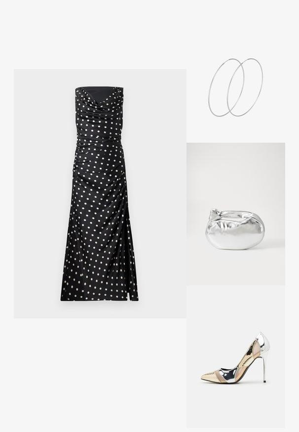 Juoda, be petnešų vakarienės suknelė su kreminėmis taškeliais, pasižyminti drapiruotu audiniu, raukšlėmis ir prisiderinančiu, plazdančiu siluetu.; Aštrus pirštas aukštakulnis batelis su sidabro, aukso ir nuogų spalvų deriniu. Blizgus paviršius su išpjovos dizainu, su stiletto kulnu.; Sidabrinė metalinė maišelio forma su švelnia, apvalia forma ir mazgu užveriamu viršumi. Pagaminta iš lygios dirbtinės odos medžiagos.; Sidabrinės pusmėnulio auskarai minimalistiniu dizainu. Apskritimo forma, lygus paviršius ir plonas profilis. Lengvi su poliruotu apdailu.