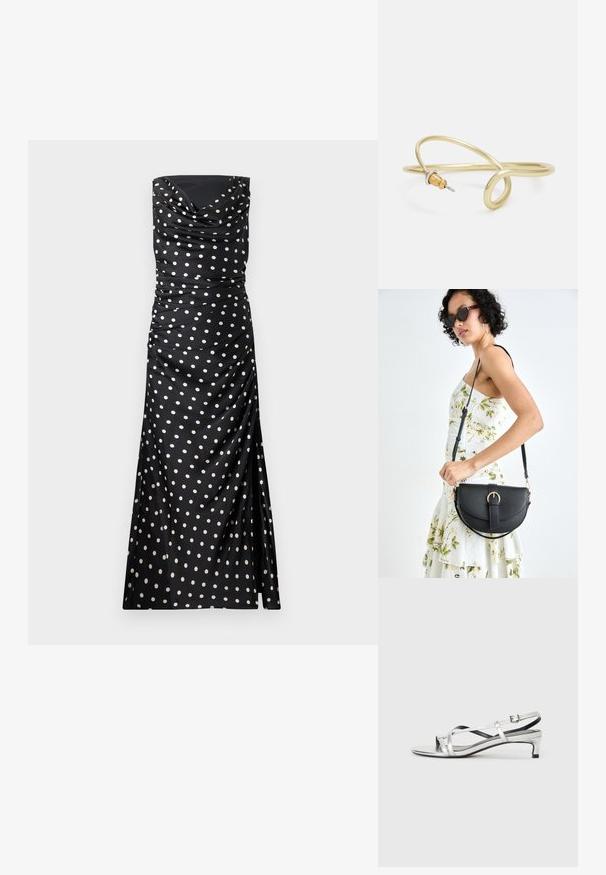 Melna, bezpiedurkņu vakara kleita ar krēmkrāsas punktiņiem, ar drapētiem audumiem, rūtiņu detaļām un pieguļošu, plūstošu siluetu.; Sudraba metāliska slēgta papēža sandale ar zemu papēdi, kurai ir krustveida siksnas un gluda virsma. Minimalistisks dizains.; Melnas ādas rokassoma ar izliekta formu, noņemamu siksnu un zelta aksesuāriem. Somai ir vāciņš ar sprādzes detaļu.; Zelta krāsas metāla aproce ar šķidrām, viļņveidīgām formām. Vienā galā ir neliels, izteikts sudraba krāsas akcents.