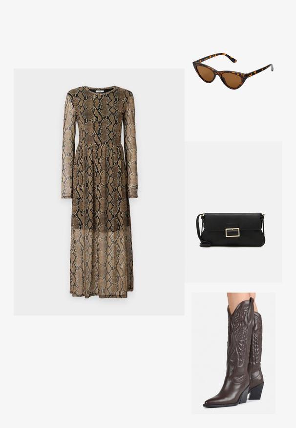 Dlouhé, průhledné šaty s vzorem hadí kůže v hnědých a černých odstínech, s dlouhými rukávy a těsným pasem.; Hnědé kožené kovbojské boty s špičatou špičkou a blokovým podpatkem, se zdobným prošíváním a vyvýšenými akcenty na nárazu.; Sluneční brýle ve stylu kočičích očí s černo-oranžovým želvovinovým rámem, hnědými skly a elegantními, špičatými konci. Obsahují minimalistické logo na straně.; Černá kožená psaníčko s klopou a zlatým kovovým detailním sponou. Součástí je černý popruh a elegantní, minimalistický design.