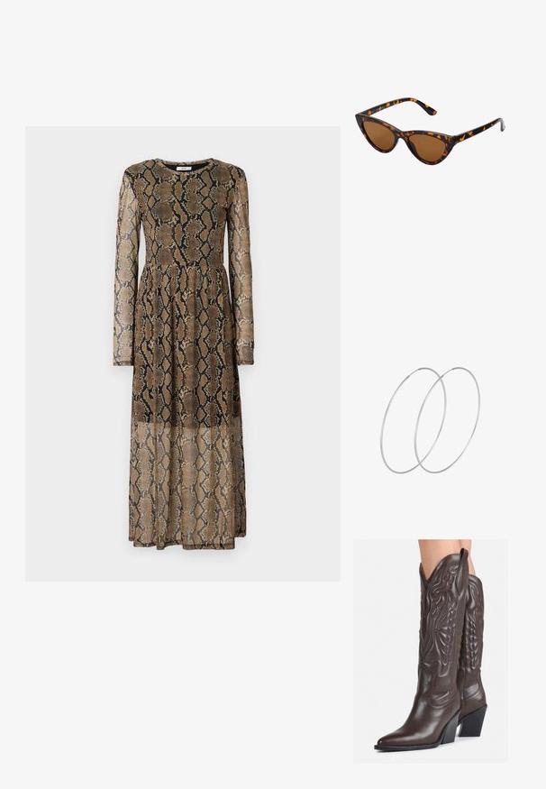 Dolga, prosojna obleka z vzorcem kače v odtenkih rjave in črne barve, z dolgimi rokavi in prilegajočim pasom.; Rjave usnjene kavbojske čevlje z ostrim nosom in blok peto, ki vsebujejo podrobno šivanje in dvignjene dodatke na zgornjem delu.; Mačje oči sončna očala z okvirom v črno-oranžni želvej ohišji, rjavimi lečami in elegantnimi, ostrimi konicami. Imajo minimalistični logo na ročaju.; Srebrne uhane v obliki obroča z minimalističnim dizajnom. Krožna oblika, gladka tekstura in tanek profil. Lahki s poliranim zaključkom.