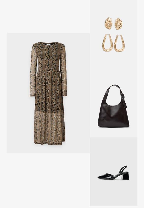 Vestido longo e transparente com um padrão de pele de cobra em tons de castanho e preto, com mangas longas e cintura ajustada.; Sandy em verniz preto com salto slingback, ponta afilada e salto geométrico. Apresenta um design elegante e minimalista com textura suave.; Bolsa de ombro em pele castanha com uma textura suave, forma arredondada, alça larga e um detalhe metálico circular na pega.; Brincos em tom de ouro com formas onduladas e texturizadas. Inclui studs escultóricos com presilha e um design de argola aberta com um acabamento martelado.