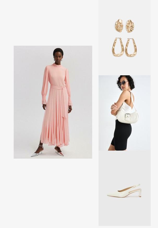 Touché Privé Maxi šaty - pink; Biele lakované lodičky na podpätku so špicatou špičkou a nízkym blokovým opätkom. Obsahujú jemný remienok s detailom zlatého tónu.; Biely kožený kabelka s zakriveným tvarom, nastaviteľným popruhom a malým detailom pracky. Model nosí priliehavý čierny outfit.; Náušnice v zlatej farbe s textúrovanými, vlnitými tvarmi. Obsahujú sochárske klipsové náušnice a otvorený tvar krúžku s kladivkovým povrchom.