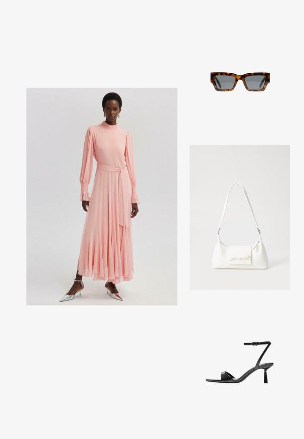 Touché Privé - Długa sukienka; Bershka - Sandały na obcasie; Okulary przeciwsłoneczne z wzorem w tortoise z kanciastymi oprawkami, szarymi szkłami i gładkim wykończeniem. Posiadają odważny geometryczny design i grube zauszniki.; Biała syntetyczna torba o trójkątnym kształcie, płaskim przednim klapce i detalach w postaci kokardy, regulowanym pasku, gładkiej fakturze oraz minimalistycznym designie.