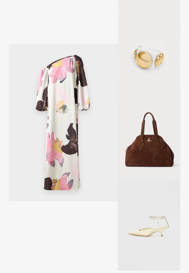 Šaty s odkrytými plecami a balónovými rukávmi. Obsahujú veľké ružové a žlté kvety na krémovom pozadí. Vyrobené z jemnej, splývavej tkaniny.; Žlté satinové slingback topánky s špičatou špičkou a nízkym podpätkom, zdobené reťazou okolo členka s kryštálmi. Hladká textúra, minimalistický dizajn.; Hnedá semišová kabelka so štruktúrovaným tvarom, zaobleným telom a predĺženými rukoväťami v tvare diamantov. Obsahuje uzatváranie so striebornou hardvérovou sponou.; Biely prsteň s lesklým povrchom, s veľkým zlatým kruhovým akcentom a tromi menšími zlatými guľkami na jednej strane. Hladká textura.