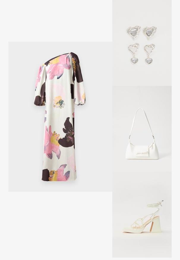 Axelklänning med blommor och puffärmar. Har stora rosa och gula blommor på en krämfärgad bakgrund. Tillverkad av mjukt, flödande tyg.; Vit högklackad sandal med en kraftig klack, med ett remdesign och ankelband. Slät textur med en plattform framtill för ökad höjd.; Vit syntetisk handväska med triangulär form, platt framklaff och rosettdetalj, justerbar rem, slät textur och minimalistisk design.; Silvriga örhängen i hjärtform har slipade klara stenar och en texturerad ram. Setet inkluderar både stift- och hängande stilar.