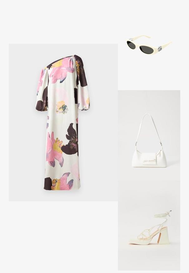 Šaty s odkrytými rameny a balónovými rukávy. Vyznačují se velkými růžovými a žlutými květinami na krémovém pozadí. Vyrobeno z měkké, splývavé tkaniny.; Bílé sandály na vysokém podpatku s robustním podpatkem, s designem s pásky a zavazováním kolem kotníku. Hladký povrch s platformou vpředu pro zvýšení výšky.; Námořnické sluneční brýle krémové barvy s oválnými skly, černým zabarvením a kovovými logovými akcenty na spáncích. Hladký povrch, design ve stylu kočičích očí.; Bílá syntetická kabelka v trojúhelníkovém tvaru, s plochým předním klopným víkem a detailem mašle, nastavitelným popruhem, hladkým povrchem a minimalistickým designem.