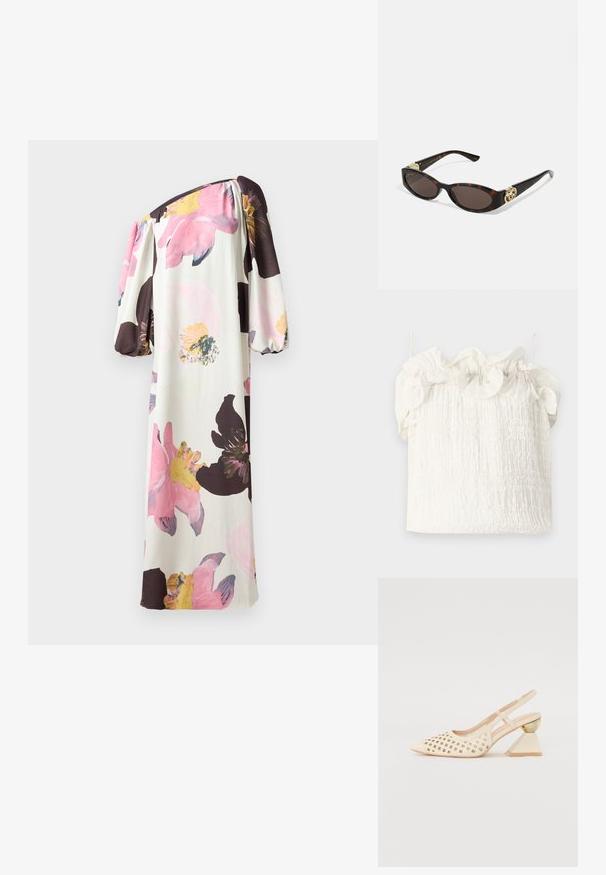 Blumenkleid mit schulterfreiem Design und Puffärmeln. Mit großen pinken und gelben Blumen auf einem cremefarbenen Hintergrund. Hergestellt aus weichem, fließendem Stoff.; Hofmann Copenhagen EXCLUSIVE GENEVIVE - Top - off white; Beige Slingback-Schuh mit Perforierung im Obermaterial, spitzer Zehenpartie und einem kontrastierenden dreieckigen Absatz mit einem goldenen Akzent. Insgesamt glatte Textur.; Schildpatt-Sonnenbrille mit länglich-ovalen Gläsern, braunem Farbton, goldenen Logo-Akzenten an den Bügeln und schlanken schwarzen Bügeln.; Weißes Blumenhandtasche mit einer gerafften Stoffoberfläche, goldfarbener Kettenriemen und metallischem Verschluss. Mit strukturierten Blütenblättern für zusätzliche Details.
