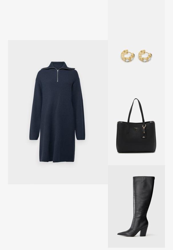 Strickkleid in Dunkelblau mit einem Reißverschluss am hohen Kragen, langen Ärmeln und geripptem Struktur, das eine lockere, gerade Silhouette aufweist.; Schwarze kniehohe Lederstiefel mit spitzem Zehen und klobigem hohen Absatz, von der linken Seitenansicht auf weißem Hintergrund gezeigt.; Schwarze Tragetasche aus strukturiertem synthetischem Material, mit zwei Griffen, einem goldenen Logo-Schild und einem kleinen Anhänger mit Akzentdetail.; Goldene Creolen mit einem strukturierten Design und drei klaren Kristallakzenten auf einer Seite, die eine moderne geometrische Ästhetik bieten.