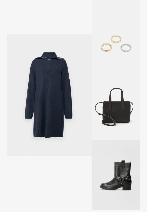 Gebreid jurkje in donkerblauw met een ritskraag, lange mouwen en een geribbelde textuur, met een relaxte, rechtlijnige pasvorm.; Samsøe Samsøe SABRENTA  - Cowboy-/Bikerlaarsjes - black; Zwarte handtas met dubbele korte handvatten en een afneembare schouderriem. Glad, leerachtig materiaal met een ritssluiting en logo-detail.; Drie metalen ringen: één roségoud, één goud met een gestructureerd accent en één zilver, allemaal met gegraveerde branding aan de binnenzijde.