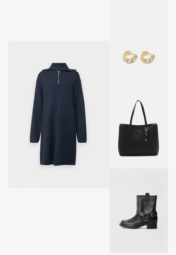 Abito in maglia di un blu scuro con collo alto con zip, maniche lunghe e texture a costine, caratterizzato da una silhouette rilassata e dritta.; Samsøe Samsøe SABRENTA - Stivaletti texani / biker - black; Borsa tote nera realizzata in materiale sintetico testurizzato, dotata di due manici, una placca con logo dorato e un piccolo cartellino con un dettaglio di accentuazione.; Orecchini a cerchio in oro con un design testurizzato e tre accenti di cristalli trasparenti su un lato, che offrono un'estetica geometrica moderna.