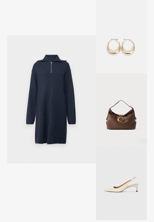 Abito in maglia di un blu scuro con collo alto con zip, maniche lunghe e texture a costine, caratterizzato da una silhouette rilassata e dritta.; Scarpa slingback a punta in pelle bianca sporca, caratterizzata da un tacco basso e un design con ritagli, dal texture liscia e con accenti minimi.; Borsa a mano in pelle marrone con una finitura testurizzata, dotata di un gancio in metallo dorato e di una singola tracolla curva.; Orecchini a cerchio tonalità oro con forma a mezzaluna, superficie lucidata e chiusura a cerniera. La texture liscia e la finitura riflettente migliorano la visibilità.