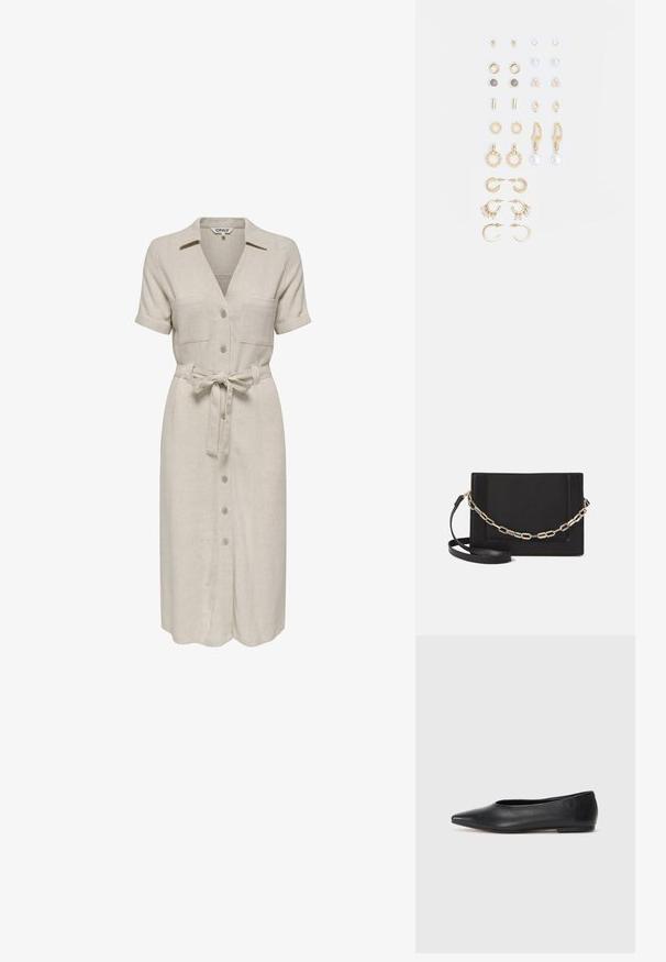 Pienas lininis suknelė su apykakle, trumpomis rankovėmis, dviem krūtininėmis kišenėmis, diržu juosmeniui ir priekiniais mygtukais.; Juodas odinis baleto batas, su smailiu pirštu, minimalistinio dizaino, lygiu paviršiumi, žemo profilio kulnu, be matomos aparatūros ar papuošimų.; Juodas odinis per petį nešiojamas krepšys turi lygų paviršių, stačiakampio formą ir metalinę grandinėlę priekyje. Pridedama reguliuojama dirželis.; Auksiniai auskarai su įvairiais dizainais, įskaitant studus, žiedus ir kabančius modelius su perlų ir kristalų akcentais.