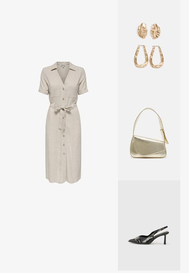 Robe en lin beige avec un col, des manches courtes, deux poches poitrine, une ceinture à la taille et une fermeture à boutons à l'avant.; Chaussure slingback en cuir verni noir avec un embout pointu, des brides de cheville avec des boucles en argent et des éléments en métal, et un talon fin.; Sac à main en métal doré avec un design structuré, texture lisse et bandoulière ajustable. Présente une forme triangulaire unique et des coutures minimalistes.; Boucles d'oreilles dorées présentant des formes texturées et ondulées. Comprend des clips sculpturaux et un design de créoles ouvertes avec une finition martelée.