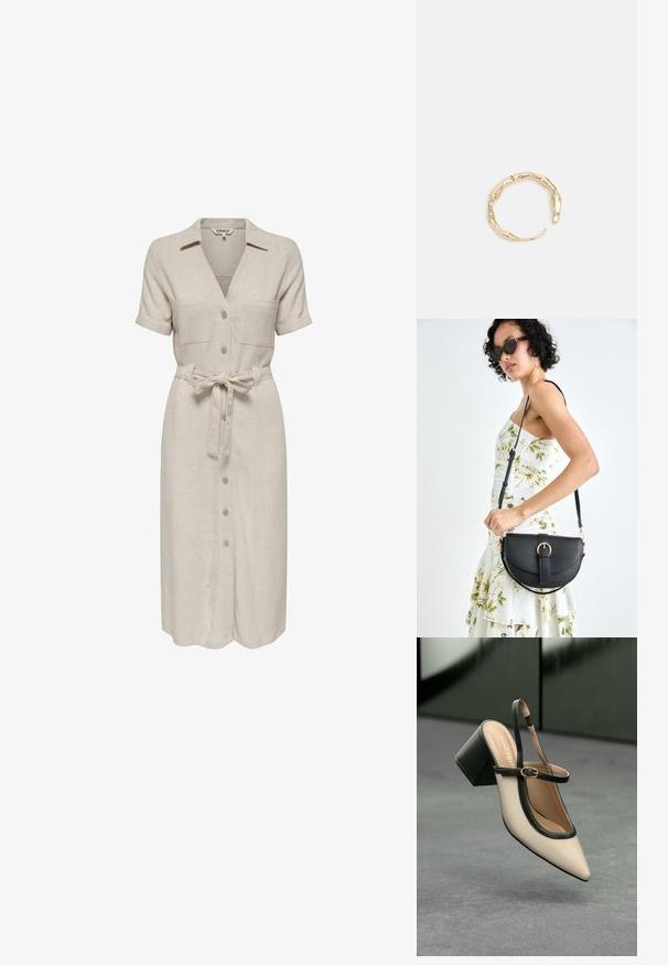 Pienas lininis suknelė su apykakle, trumpomis rankovėmis, dviem krūtininėmis kišenėmis, diržu juosmeniui ir priekiniais mygtukais.; Smėlio spalvos aukštakulniai atviri bateliai su smailia nosyte, juodomis apvadomis ir sagties detalėmis. Lygus matinio paviršiaus medžiaga, vidutinio aukščio storu kulnu.; Juodas odinis krepšys su išlenkta forma, nuimamu dirželiu ir auksiniais detalėmis. Krepšys turi kilpą su sagtimi.; Auksinės spalvos žiedas, turintis organišką, sukimosi dizainą su lygiu paviršiumi ir siaurėjančiais galais, sukuriantis modernią skulptūrinę išvaizdą.