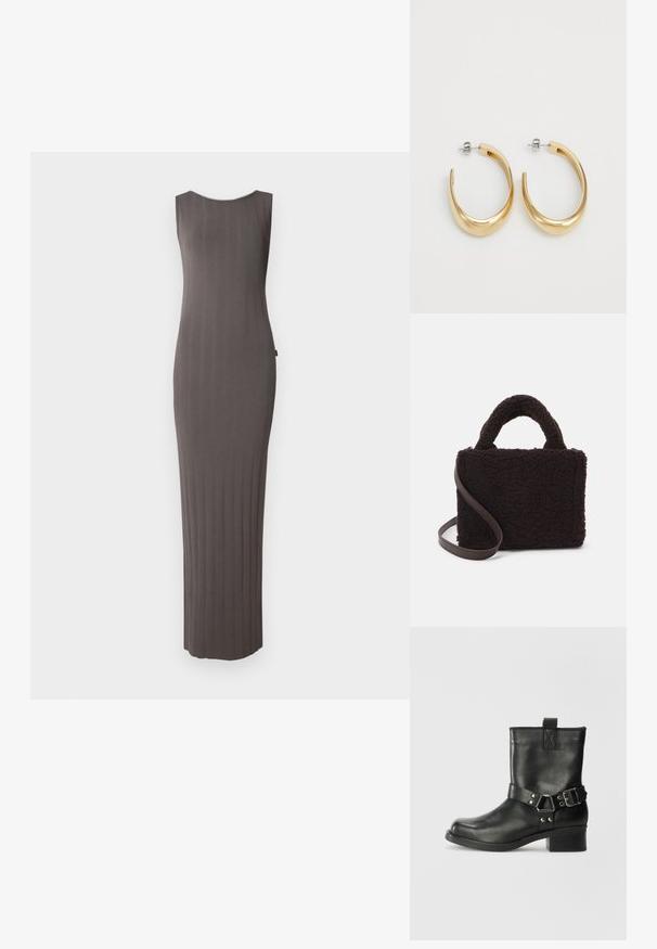 Sivý rebrovaný pletený šaty bez rukávov, s okrúhlym výstrihom a rovno strihaným, dlhým strihom až na podlahu.; Samsøe Samsøe SABRENTA - Kovbojská/motorkárska členková čižma - black; Hnedá, textúrovaná kabelka vyrobená z mäkkého fleece materiálu s obdĺžnikovým tvarom, dvojitými hornými rúčkami a odnímateľným hnedým popruhom.; Zlaté kruhové náušnice s hladkým, zakriveným dizajnom. Vyrobené z kovu, s elegantným povrchom a uzáverom na zadnej strane.