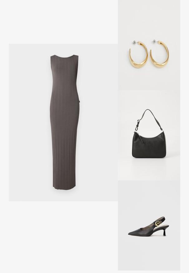 Grijze geribde gebreide jurk met een mouwloze ontwerp, met een ronde halslijn en een rechte, vloerlange snit.; Zwarte slingback hoge hak schoenen met een spitse neus, een gladde leren textuur en een gouden gespaccent op de band.; Zwarte leren handtas met een gebogen vorm, een enkele schouderband, ritsluiting en subtiele branding aan de voorkant. Glad textuur, minimalistisch ontwerp.; Gouden hoepel oorbellen met een glad, gebogen ontwerp. Gemaakt van metaal, met een elegante afwerking en een paal-achter sluiting.