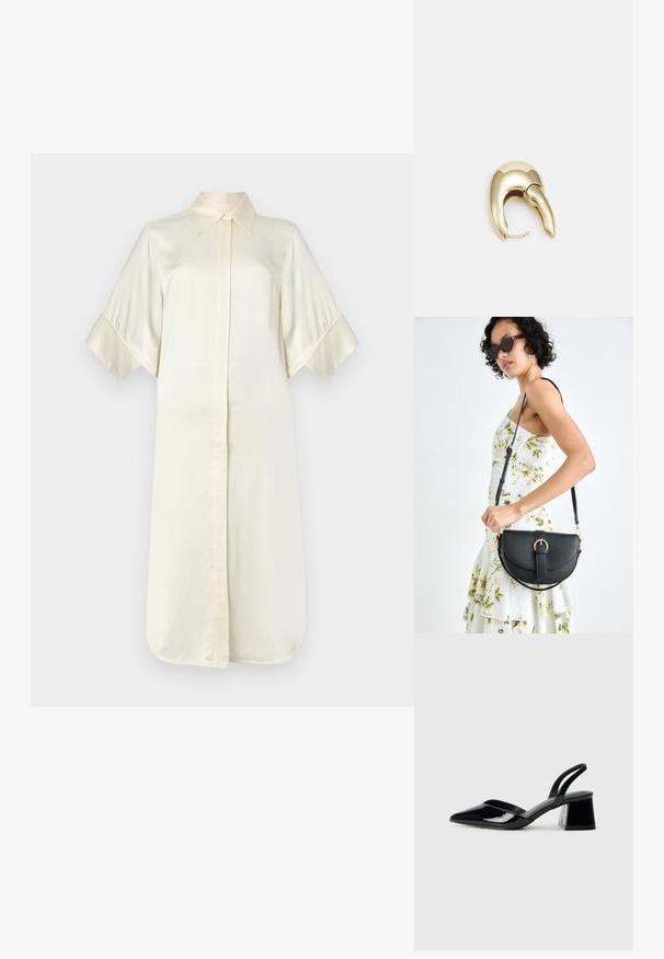 Kremowa jedwabna sukienka koszulowa z klasycznym kołnierzykiem, krótkimi szerokimi rękawami i zapięciem na guziki z przodu, o gładkiej, błyszczącej teksturze.; Czarne lakierowane półbuty na obcasie z wydłużonym noskiem i geometrycznym słupkiem. Charakteryzują się eleganckim, minimalistycznym designem oraz gładką fakturą.; Czarna skórzana torebka o zakrzywionym kształcie, z odpinanym paskiem i złotymi akcentami. Torebka posiada klapę z zapięciem w kształcie klamry.; Złote metalowe kolczyki o eleganckim, zakrzywionym kształcie. Posiadają charakterystyczny szpiczasty kształt, polerowaną powierzchnię oraz zapięcie na zawias.