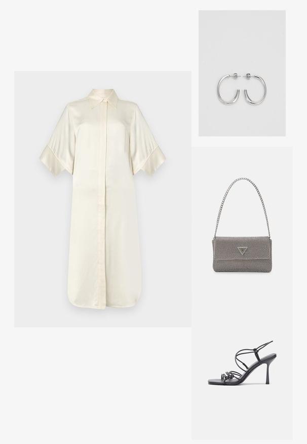 Ebeny siidist särgikleit klassikalise krae, lühikeste laiade varrukate ja ees oleva nööpidega kinnitusega, pakkudes sujuvat ja läikivat tekstuuri.; Mustad musta värvi kontsandaalid on varustatud peente rihmadega, millel on sõlmekujundus, siledad ruudukujulised varbad ja stiilne stilettokonts.; Helehall metallik handbags, millel on kett, kaunistatud väikeste ümmarguste metallist õmblustega ja kolmnurkse brändi logoga.; Hõbedased rõngaskõrvarõngad, millel on sile ja läikiv pind. Ümar kuju, kerge disain, millel on post-tagumise kinnituse süsteem.