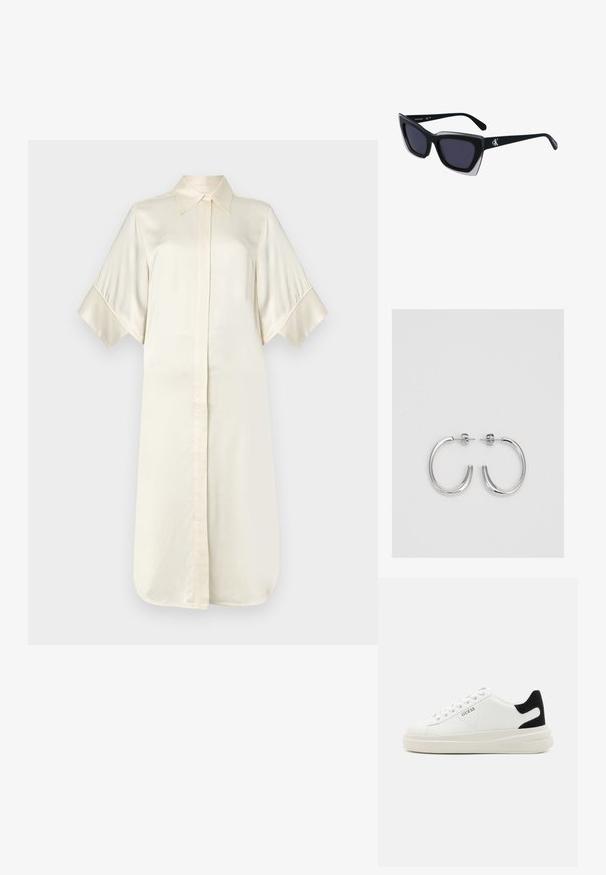 Ivory šilkes kleita ar klasisku apkakli, īsām platām piedurknēm un priekšējo pogu aizdari, ar gludu, spīdīgu tekstūru.; Baltas ādas sporta apavi ar biezu balto zoli, melna zamša uzpura un izspiestais logotips sānos. Šņorējuma dizains ar sešiem acu caurumiem.; Melni pārmēru saulesbrilles ar ģeometrisku formu, kas aprīkotas ar tumšiem stikliem un kontrastējošu pelēku akcentu uz rāmja. Logo uz kājas.; Sudraba riņķveida auskari ar gludu, spīdīgu apdari. Apaļas formas, viegla dizaina, ar aizdari uz stieples.