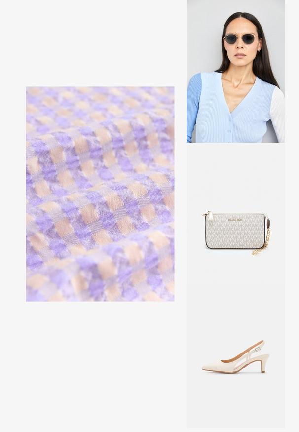 Lichtpaars en beige geruit stof met een zachte textuur, bestaande uit kleine vierkanten, gerangschikt in een regelmatig patroon.; Witte slingback hak met een spitse neus, glad bovenmateriaal, lage blokhak en een design met uitsparingen aan de zijkant, voorzien van een verstelbare gespsluiting.; Ronde zonnebrillen met donkere glazen en gouden montuur. Het model draagt een lichtblauwe, geribbelde cardigan met knopen en contrasterende witte mouwen.; Michael Kors polsbandje in beige gecoate canvas met een herhaald MK-logo patroon, gouden hardware en een afneembare kettingriem.