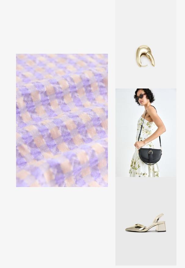 Lichtpaars en beige geruit stof met een zachte textuur, bestaande uit kleine vierkanten, gerangschikt in een regelmatig patroon.; Gouden, metalen slingback hakken met een spitse neus en een chunky hak. Glad oppervlak, minimalistisch ontwerp en een smalle band.; Zwarte leren handtas met een gebogen vorm, afneembare schouderband en gouden hardware. De tas heeft een klep met een gespsluiting.; Gouden metalen oorbel met een slank, gebogen ontwerp. Beschikt over een kenmerkende puntige vorm, gepolijste oppervlakte en scharnier sluiting.