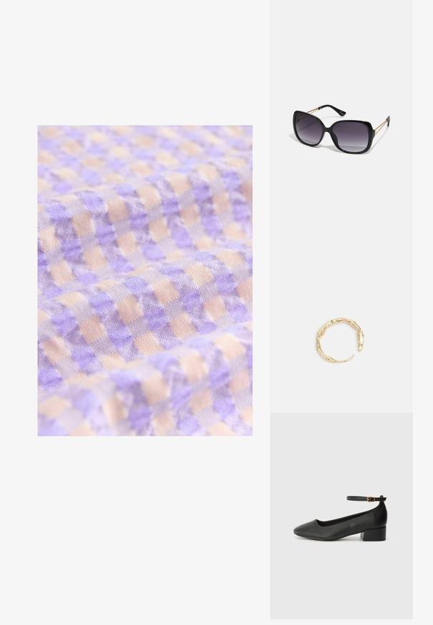 Lyse lilla og beige ternet stof med en blød tekstur, der har små firkanter, arrangeret i et regelmæssigt mønster.; Sorte læderpumper med spids tå og en lav blokhæl. Har en ankelrem med en guldfarvet spænde. Glat tekstur.; Sorte oversized solbriller med gradientlinser, tykke stel og guldfarvet kæde detaljer på tempelarmene.; Guld-tone ring med et organisk, snoet design, glat overflade og affasede ender, hvilket skaber et moderne, skulpturelt udseende.