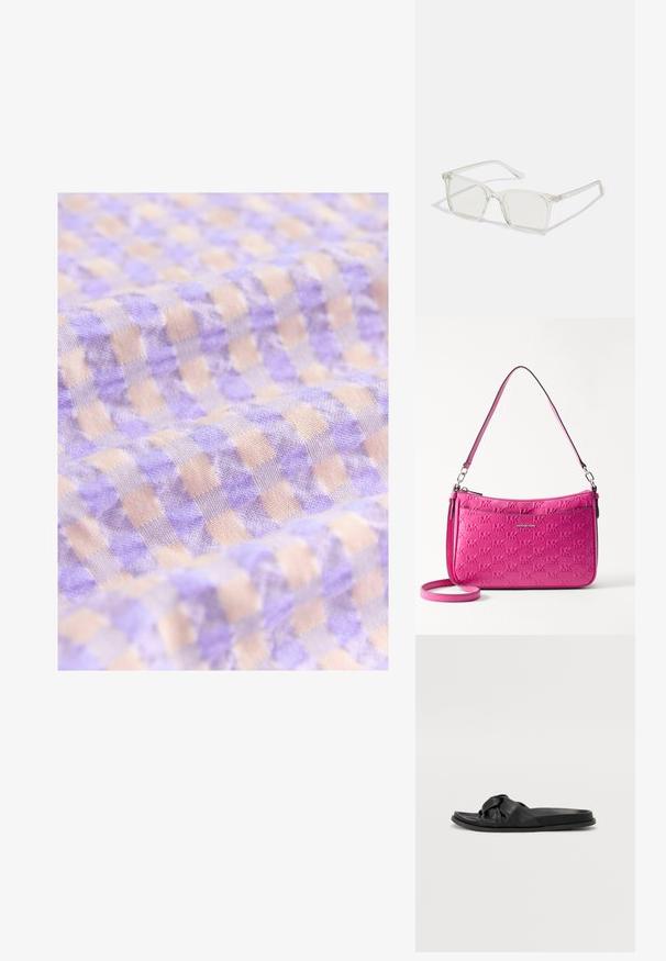 Šviesiai purpurinė ir smėlinė langeliais audinys su minkšta tekstūra, turinti mažus kvadratus, išdėstytus reguliaria tvarka.; Juodos slydimo sandalai pagaminti iš minkštos odos su surišama diržo dizainu. Lygus padas, švelni tekstūra ir minimalistinis stilius.; Permat nuleidžiai skaidrūs kvadrato formos akinius su permatomais lęšiais, kurie turi auksines detales ant šventyklų.; Kompaktas rožinis rankinukas, pagamintas iš tekstūrinės odos, su reljefiniu logotipo raštu, užtrauktuko uždarymu ir reguliuojama petneša.