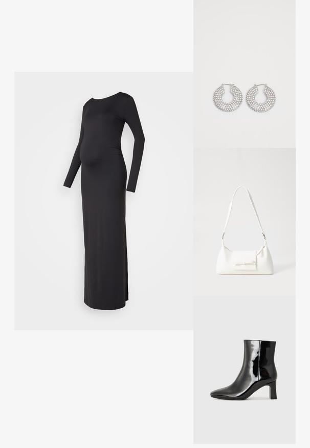 Fekete, hosszúujjú kismama ruha, testhez simuló fazonnal, kerek nyakkivágással és oldalsó hasítékokkal a szabad mozgás érdekében, puha, rugalmas anyagból.; Fekete lakk bőrcipő bokáig érő, hegyes orral és közepes magasságú tömbsarokkal. Simább textúrával és minimalista dizájnnal rendelkezik.; Fehér szintetikus kézitáska, háromszög alakú, lapos előlap, masni részlettel, állítható pánttal, sima textúrával és minimalista dizájnnal.; Ezüst karika fülbevalók, amelyeket több átlátszó kristály díszít, texturált felülettel és nyitott, kör alakú kialakítással.