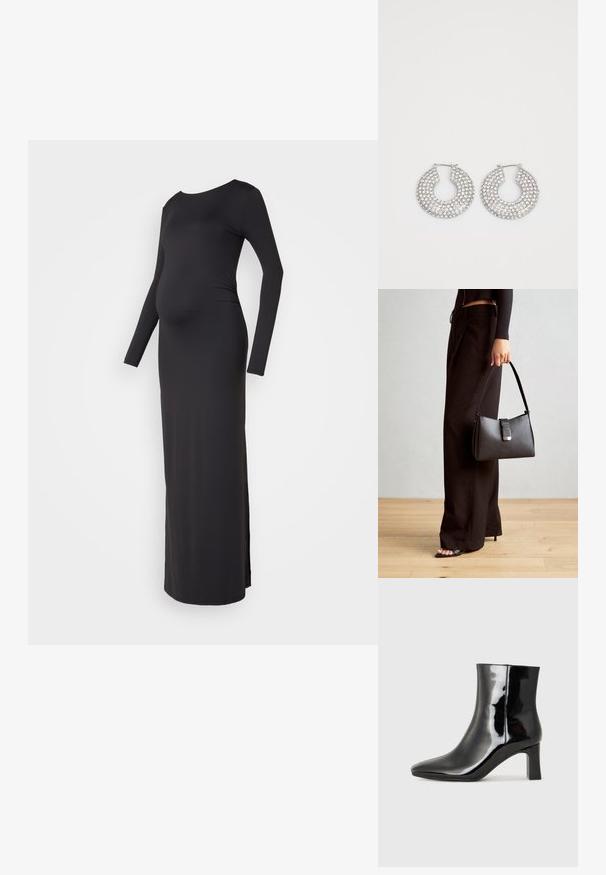 Crna haljina za trudnice dugih rukava s pripijenim oblikom, okruglim izrezom i bočnim prorezima za lakše kretanje, izrađena od mekog, rastezljivog materijala.; Crne lakirane kožne gležnjače s šiljastim prstom i srednje visokom blok petom. Glatka tekstura i minimalistički dizajn.; Crna torba s oblikom koji sadrži strukturu, glađu teksturu i metalnu kopču. Uparena s širokim crnim hlačama i sandalama na otvorenom s drvenog poda.; Srebrne kružne naušnice ukrašene brojnim čistim kristalnim detaljima, s teksturiranom površinom i otvorenim kružnim dizajnom.