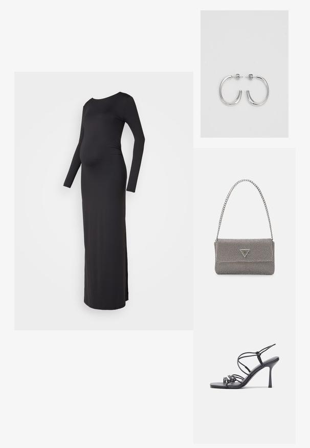 Vestido de maternidade preto de mangas longas com um design ajustado, decote redondo e fendas laterais para facilitar o movimento, feito de um tecido macio e elástico.; As sandálias de salto alto pretas apresentam tiras finas com um design em nó, uma biqueira quadrada lisa e um elegante salto agulha.; Bolsa metálica cinza claro com uma alça de corrente, adornada com pequenos rebites metálicos circulares e um logótipo triangular da marca.; Brincos de argola prateados com um acabamento suave e brilhante. Forma arredondada, design leve, com fecho de pino.