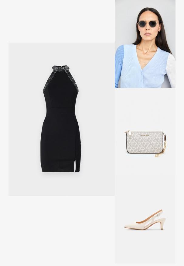 Čierne halterneck šaty s priliehavým strihom, zdobeným výstrihom, postranným rozparkom a hladkou textúrou. Vybavené bezpečným uzáverom na chrbte.; Biele slingback topánky na podpätku s ostrou špičkou, hladkým vrchným materiálom, nízkym blokovým podpätkom a bočným výrezom s nastaviteľným remienkom na pracku.; Okrúhle slnečné okuliare s tmavými šošovkami a zlatým rámom. Modelka má na sebe svetlomodrý pletený kardigán s gombíkmi a bielymi rukávmi v kontraste.; Michael Kors zápästná taška v béžovej potiahnutej plátenej tkanine s opakujúcim sa vzorom loga MK, zlatým kovania a odnímateľným reťazovým popruhom.