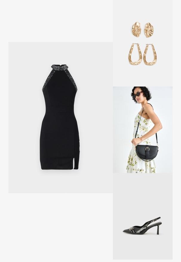 Crna halter haljina s uskim dizajnom, ukrašenim dekolteom, bočnim prorezom i glatkom teksturom. Ima sigurnu zatvorenu pozadinu.; Crna lakirana slingback cipela s izduženim vrhom, remenčićima oko gležnja s srebrnim kopčama i dijelovima, te vitkim potplatom.; Crna kožna torba s lukovitim oblikom, odvojivim remenom i zlatnim detaljima. Torba ima preklop s kopčom.; Naušnice zlatne boje s teksturiranim, valovitim oblicima. Uključuju skulpturalne kopče i dizajn otvorene kružnice s kovanom završnom obradom.